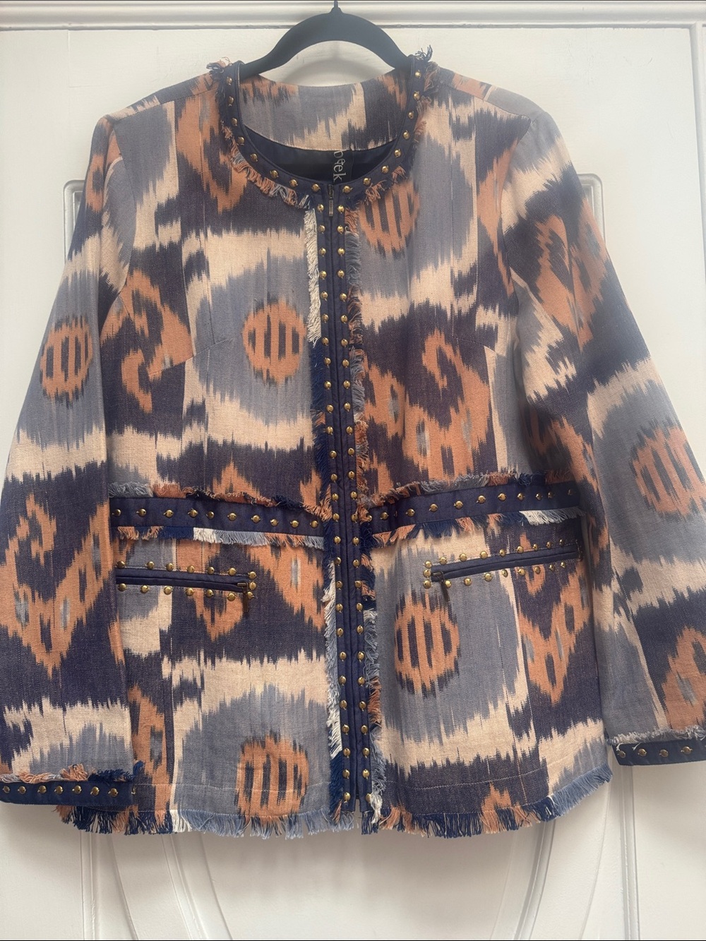 BEREK Ikat Fringe Lined Jacket in Blue, Tan and Cream with Stud Accents size XL